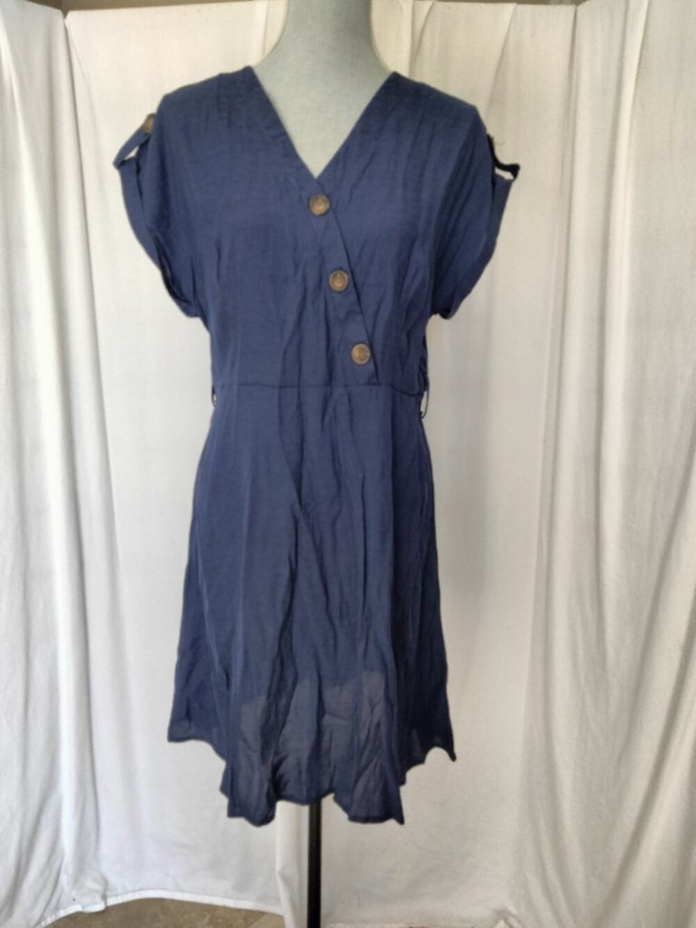 Women's Linen Shirt navy blue, Dress Short Sleeves Assymetrical Buttons, XL